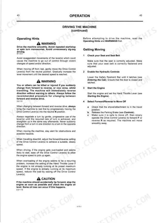 JCB ROBOT 150, 165 operation manual page covering driving hints and procedures for getting the machine moving.