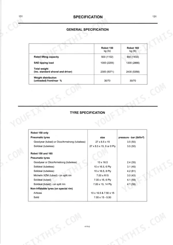 JCB ROBOT 150, 165 general specifications table for lifting capacity, weight, and tyre pressure and size data.