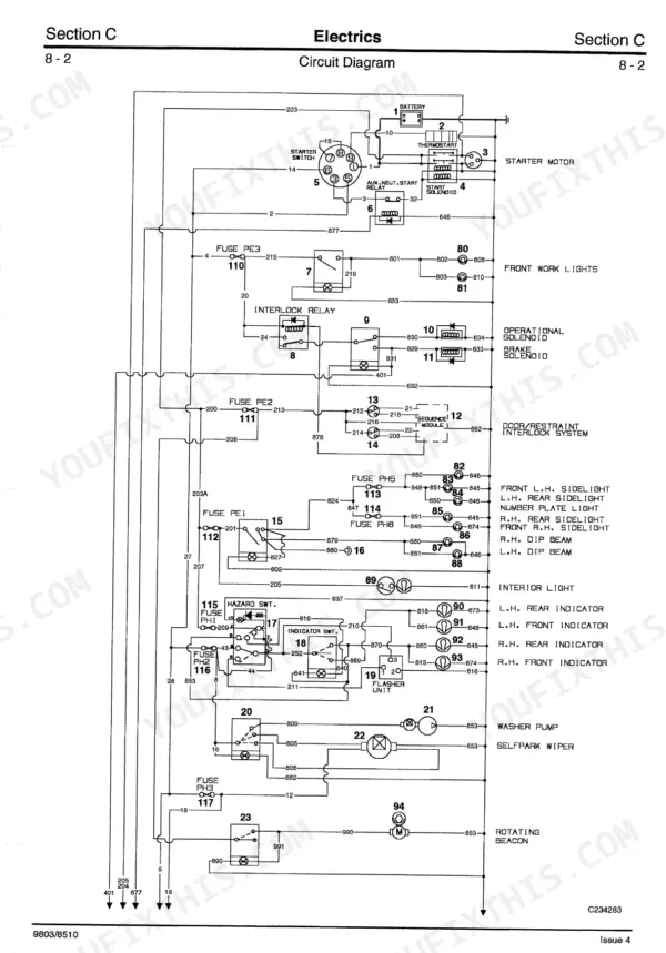JCB ROBOT 185, 1105, ROBOT 1105, JCB Skid Steer Loader, Perkins 1004-4HR, Perkins 1004-42AR electrical circuit diagram.