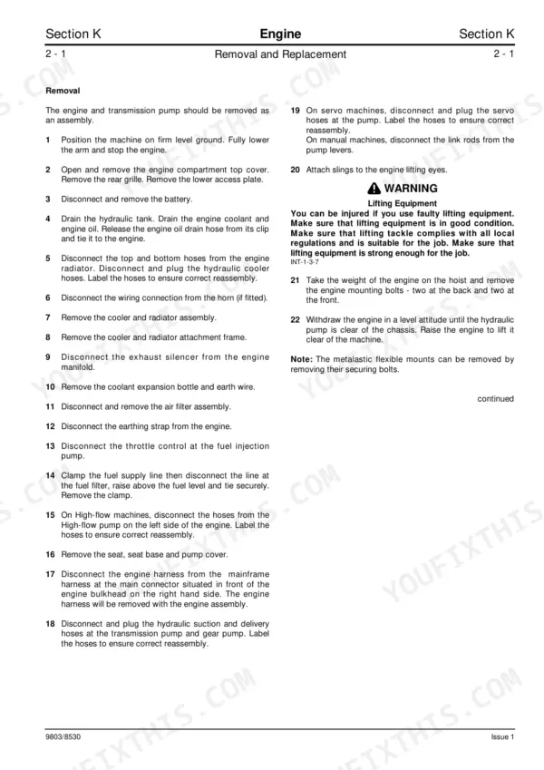 JCB ROBOT 190, 1110 service manual page detailing step-by-step engine removal and replacement procedures.