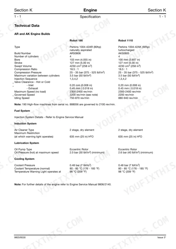JCB ROBOT 190, 1110 engine technical data specification table including Perkins 1004-42AR and 1004-42AK engine builds.