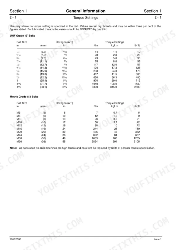 JCB ROBOT 190, 1110 torque settings table for UNF Grade S and Metric Grade 8.8 bolts with size and hex dimensions.