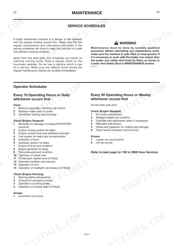 JCB Robot 190, 190HF, 1110, 1110HF maintenance manual page showing daily and 50-hour operator service schedules.