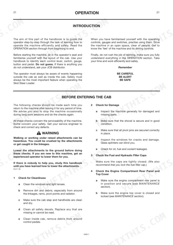 JCB Robot 190, 190HF, 1110, 1110HF operation manual page covering pre-operation safety checks and machine inspection procedures.
