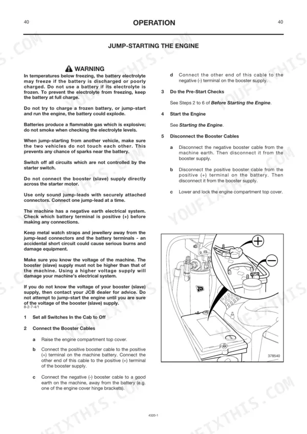 JCB Robot 190, 190HF, 1110, 1110HF jump-starting the engine procedure with battery terminal connection diagram.