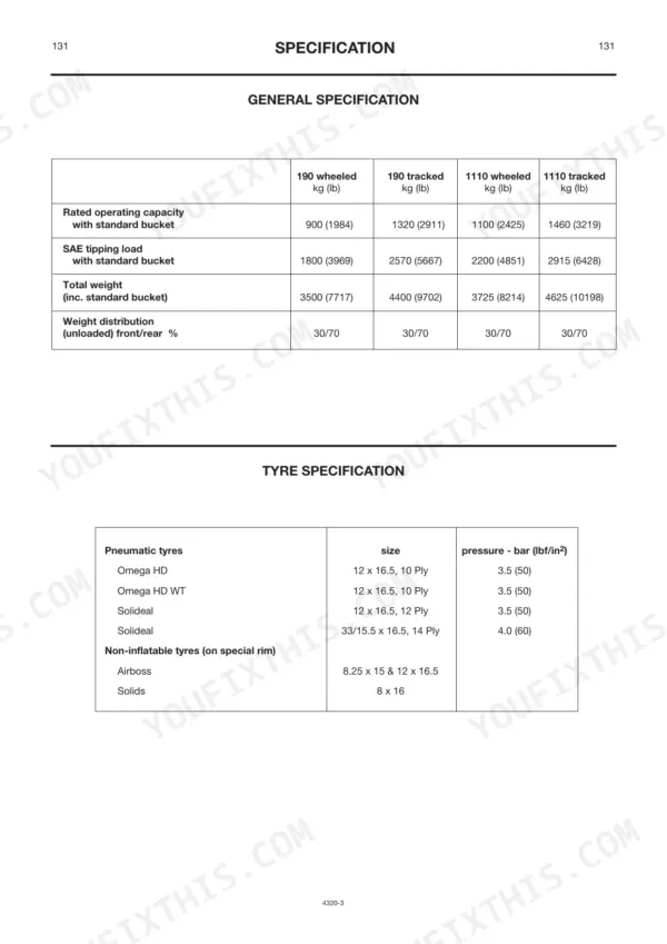 JCB Robot 190, 190HF, 1110, 1110HF general specifications table for operating capacity, weight, and tyre pressure.