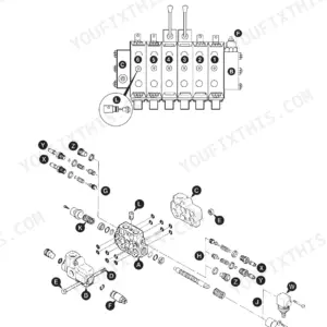 JCB ROBOT 150, 165, 1CX, 185 Skid Steer Loader: Exploded view diagram of backhoe valve block dismantling and assembly.