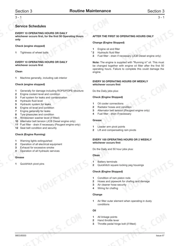 JCB ROBOT 150, 165, 1CX, 185 Skid Steer Loader routine maintenance service schedule table for 10, 50, and 100 operating hours.