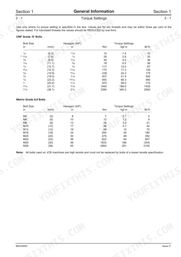 JCB ROBOT 150, 165, 1CX, 185 Skid Steer Loader torque settings table for UNF Grade S and Metric Grade 8.8 bolts.