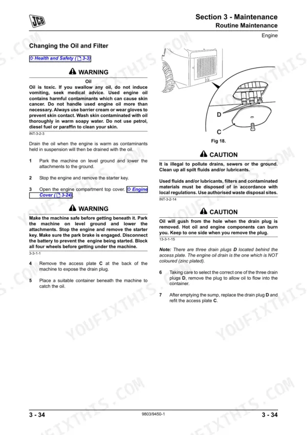 JCB Robot 160, 170, 180, Robot 160HF, 170HF, 180HF, 180T, 180T HF engine oil and filter change procedure and drain plug diagram.