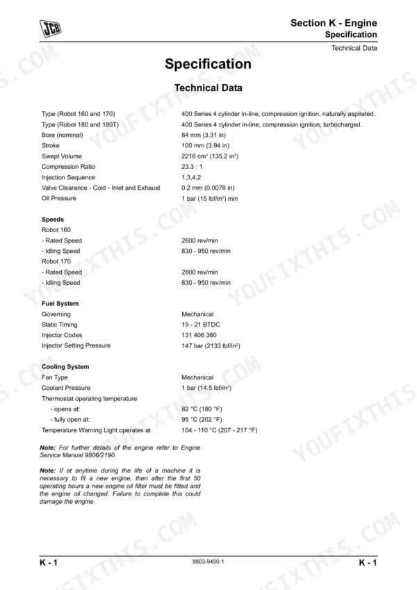 JCB Robot 160, 170, 180: Engine technical data specifications table including bore, stroke, speeds, fuel, and cooling system.