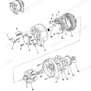 JCB ROBOT 160, 170, 180T exploded view diagram of the electrical system alternator components and assembly parts.