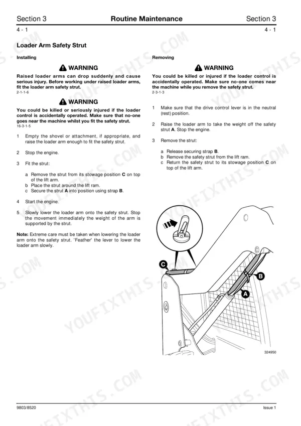 JCB ROBOT 160, 170, 180T maintenance manual: procedures for installing and removing the loader arm safety strut.