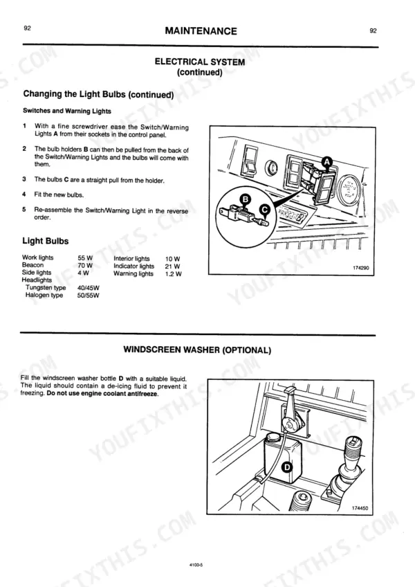 JCB ROBOT 150, 165, 165 H/F maintenance guide for changing switch light bulbs and filling windscreen washer.