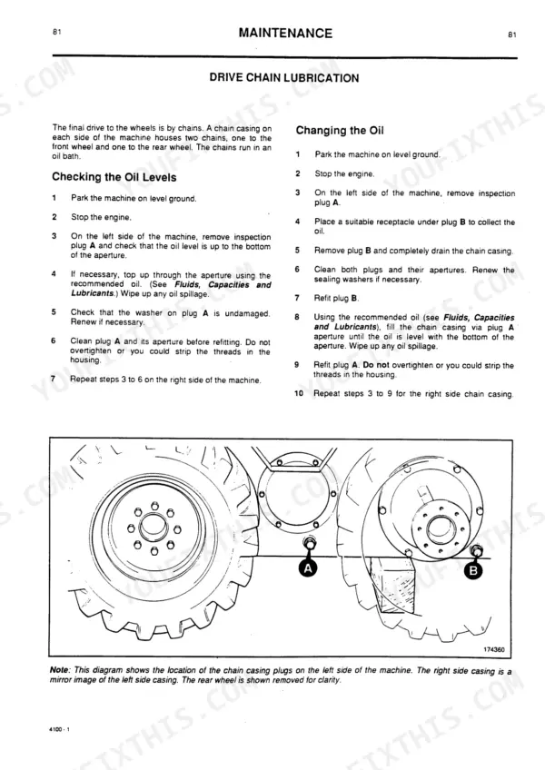 JCB ROBOT 150, 165, 165 H/F drive chain lubrication maintenance procedures, oil level and drain plug diagram.