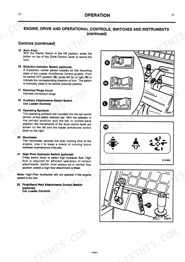 JCB ROBOT 150, 165, 165 H/F operation manual showing direction indicator, operating symbols, and hydraulic switches.