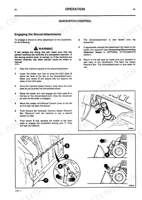 JCB ROBOT 150, 165, 165 H/F: Procedure for engaging the shovel or attachment using the Quickhitch control.