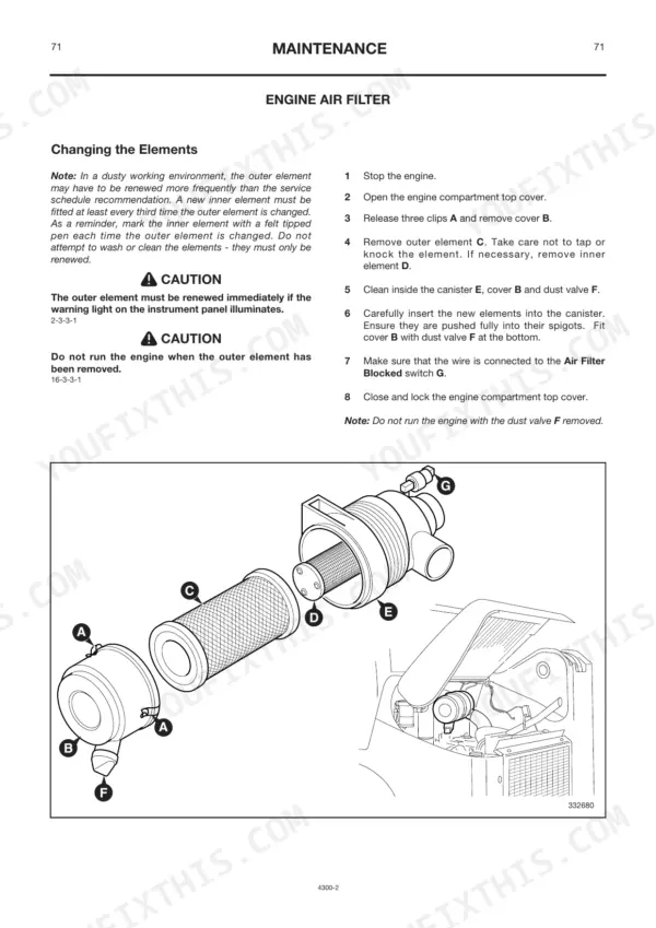 JCB Robot 160, 170, 170HF, 180T, 180T HF engine air filter element replacement procedure and diagram.