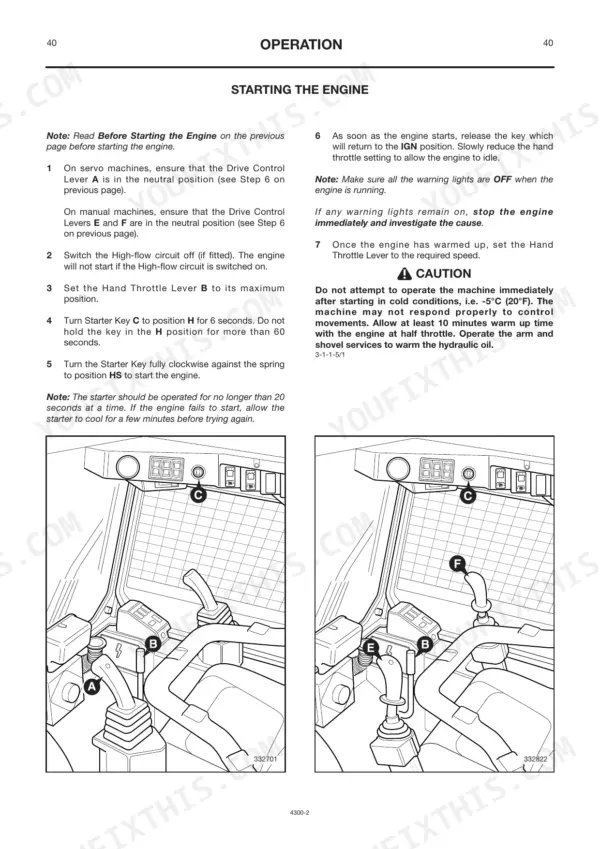 JCB Robot 160, 170, 170HF, 180T, 180T HF engine starting procedure with diagrams of control levers and starter key.