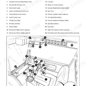 JCB Robot 185, 185 H/F, 1105, 1105 HF cab layout diagram showing operator controls and switches.