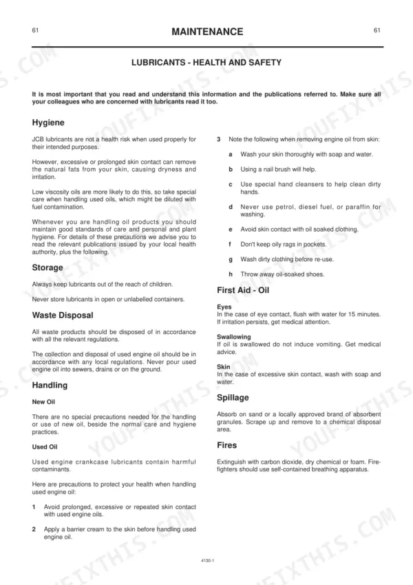 JCB Robot 185, 185 H/F, 1105, 1105 HF maintenance manual page covering lubricant health and safety.