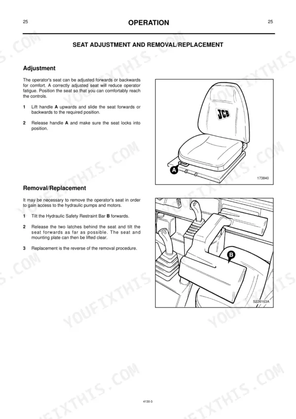 JCB Robot 185, 185 H/F, 1105, 1105 HF operator seat adjustment and removal procedure diagrams.