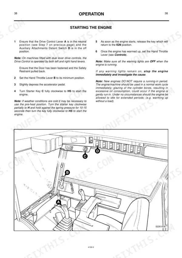 JCB Robot 185, 185 H/F, 1105, 1105 HF engine starting procedure and cab controls diagram.