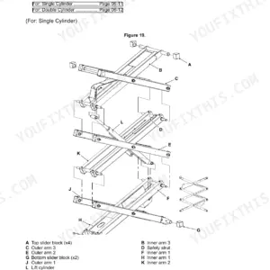 JCB S1530E-S4550E exploded view diagram of single cylinder scissor arm assembly with component identification list.