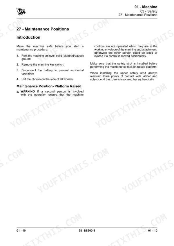 JCB S1530E, S1930E, S2032E, S2046E, S2632E, S2646E, S3246E, S4046E, S4550E maintenance positions and safety procedures page.