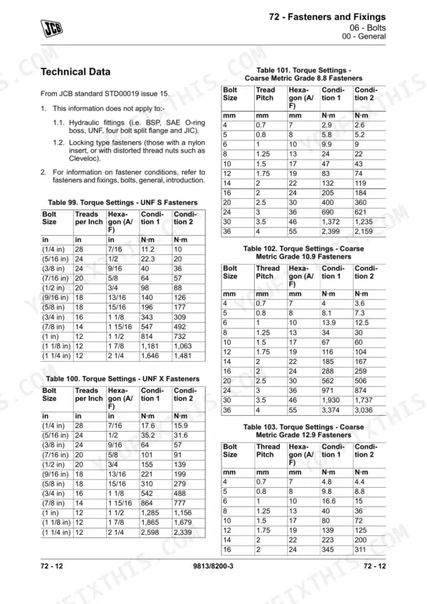 JCB S1530E-S4550E torque tables for UNF, Metric Grade 8.8, 10.9, and 12.9 fasteners including bolt size and pitch.