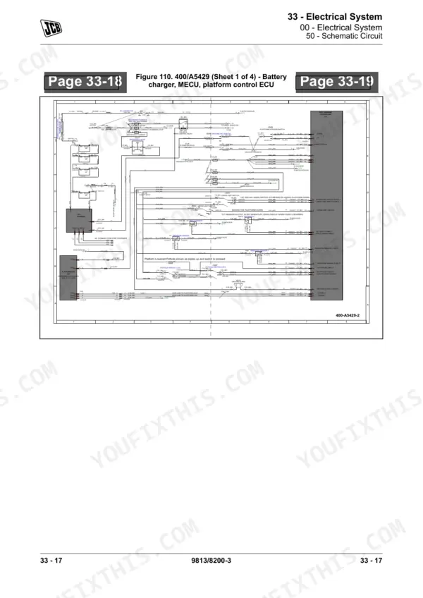 JCB S1530E-S4550E electrical schematic showing battery charger, MECU, and platform control ECU wiring connections.