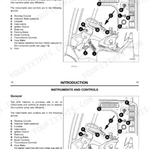 JCB TELETRUK 2.0 D/G to 3.5D 4x4 operator manual diagram showing cab instruments, controls, steering, and pedals.