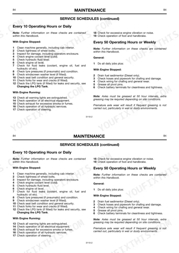 JCB TELETRUK 2.0 D/G to 3.5D maintenance manual page showing 10-hour and 50-hour service schedule checklists.