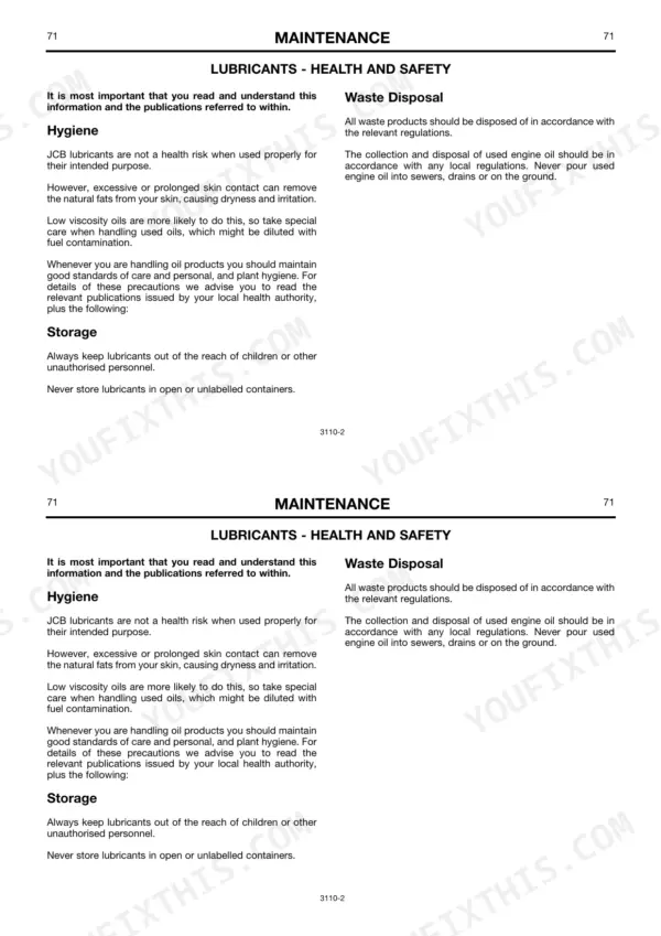JCB TELETRUK 2.0 D/G to 3.5D maintenance manual page covering lubricant health, safety, hygiene, storage, and waste disposal.