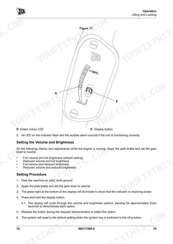 JCB TLT 30D High Lift, 35D, 35D 4x4 load indicator display, volume and brightness setting procedure.