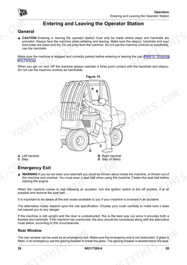 JCB TLT 30D High Lift, 35D, 35D 4x4 manual page showing operator station entry, exit, and emergency exit procedures.