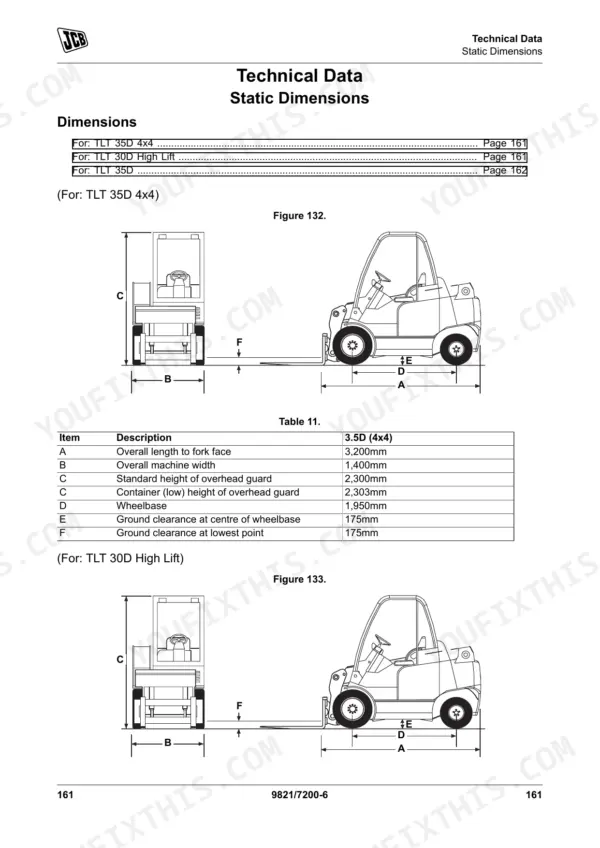JCB TLT 30D High Lift, 35D, 35D 4x4 static dimensions diagram and technical data table for 3.5D 4x4 model.
