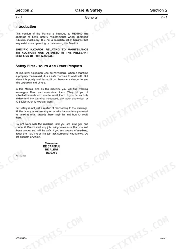 JCB TLT25, 2.0T, 2.5T, 3.0T, 3.5T, 3.0D HL, 3.0D 4x4, 3.5D 4x4, Teletruk Section 2 Care & Safety general introduction page.