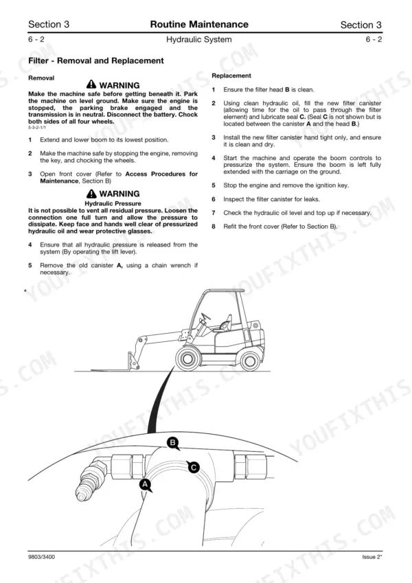 JCB TLT25, 2.0T, 2.5T, 3.0T, 3.5T, 3.0D HL, 3.0D 4x4, 3.5D 4x4, Teletruk hydraulic filter removal and replacement procedure.