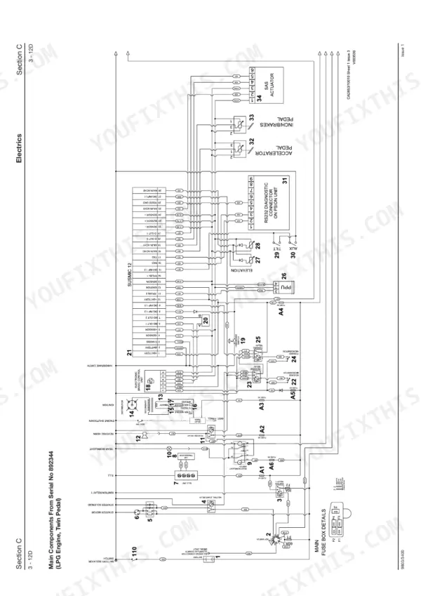 JCB TLT25, 2.0T, 2.5T, 3.0T, 3.5T, 3.0D HL, 3.0D 4x4, 3.5D 4x4, Teletruk electrical wiring diagram for LPG engine twin pedal.