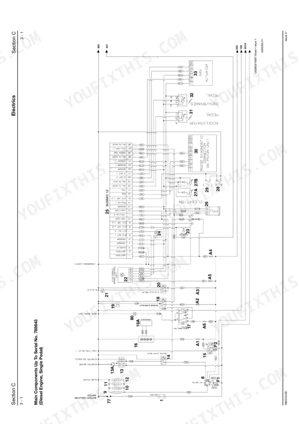 JCB TLT25, 2.0T, 2.5T, 3.0T, 3.5T, 3.0D HL, 3.0D 4x4, 3.5D 4x4, Teletruk wiring diagram for main components, single pedal diesel.