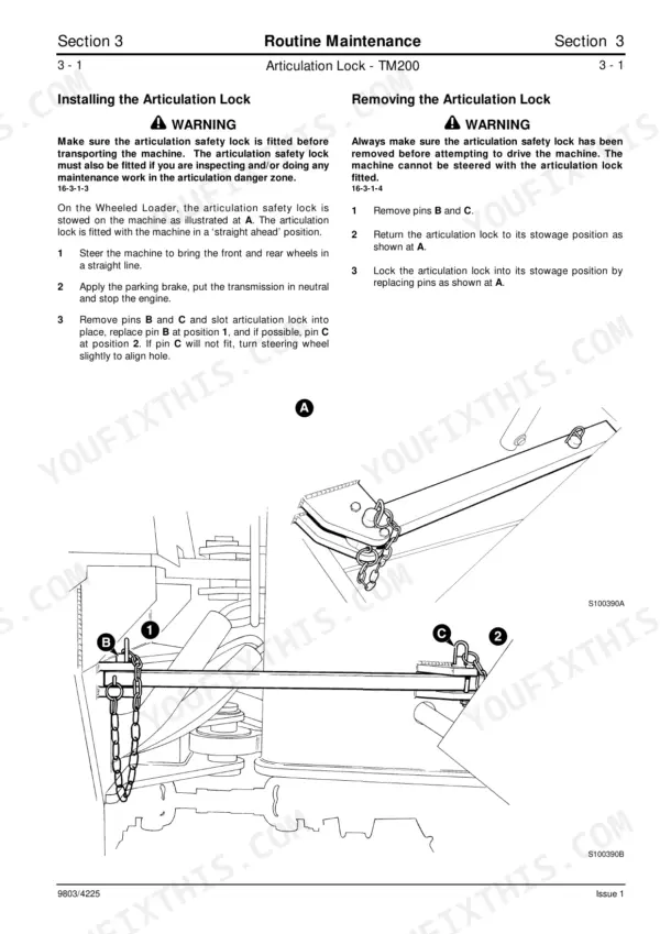 JCB TM200, TM270, TM300 maintenance manual: procedures for installing and removing the articulation safety lock bar.
