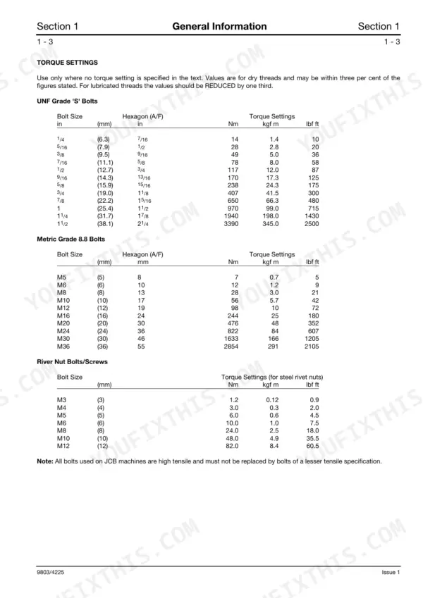JCB TM200, TM270, TM300 torque settings table for UNF Grade S bolts, Metric Grade 8.8 bolts, and rivet nut bolts/screws.