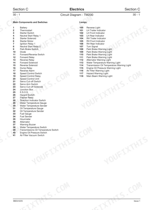 JCB TM200, TM270, TM300 electrical circuit diagram component list for switches, relays, and lamps.