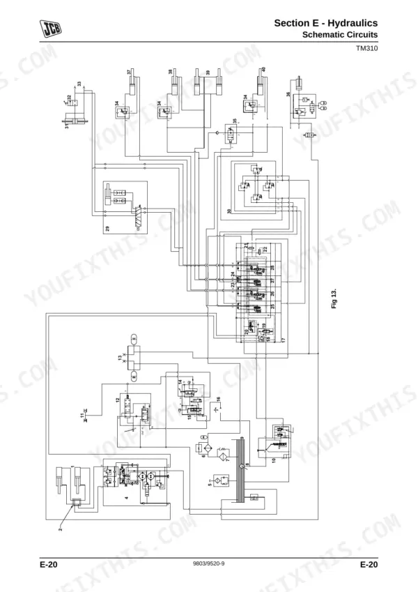 JCB TM310, TM310S, TM310WM, TM320 hydraulic schematic circuit diagram showing numbered components and flow lines.