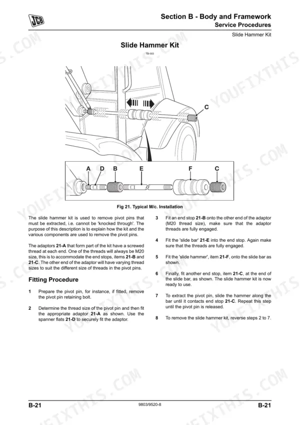 JCB TM310, TM310S, TM310WM, TM320 service manual page showing slide hammer kit installation and removal procedures.