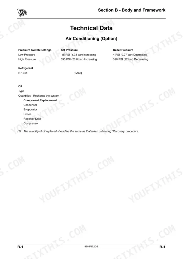 JCB TM310, TM310S, TM310WM, TM320 air conditioning technical data, pressure switch settings, and refrigerant specs.