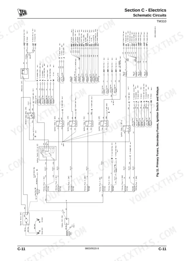 JCB TM310, TM310S, TM310WM, TM320 electrical schematic showing primary fuses, secondary fuses, ignition switch, and relays.
