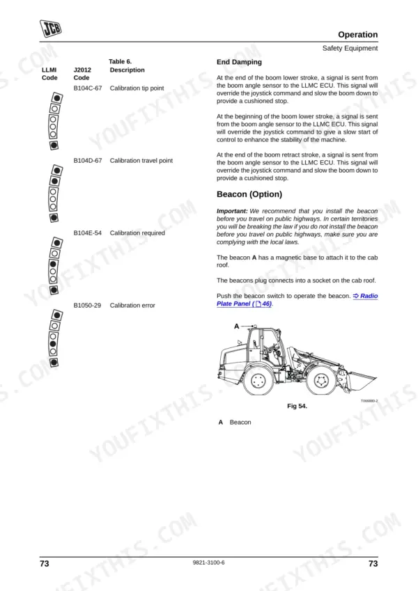 JCB TM320, TM320S, TM320WM manual page showing LLMI code table for boom end damping and beacon installation instructions.