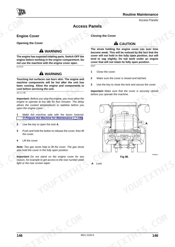 JCB TM320, TM320S, TM320WM engine cover opening and closing maintenance procedures with lock diagram.